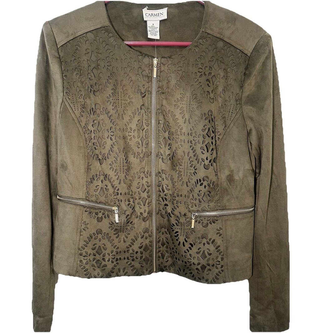 Carmen Marc Valvo Faux Suede Laser Cut Cropped Jacket Olive Green Size 6 NWT